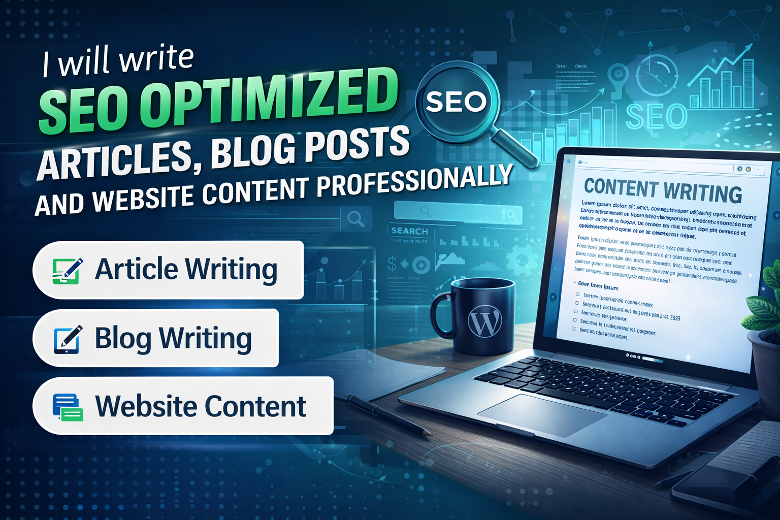 I will write SEO optimized articles, blog posts and website content professionally